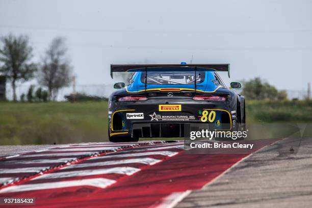 The Mecedes AMG GT3 of Mike Skeen and Scott Heckert races on the track during practice for the Pirelly World Challenge Grand Prix of Texas at Circuit...