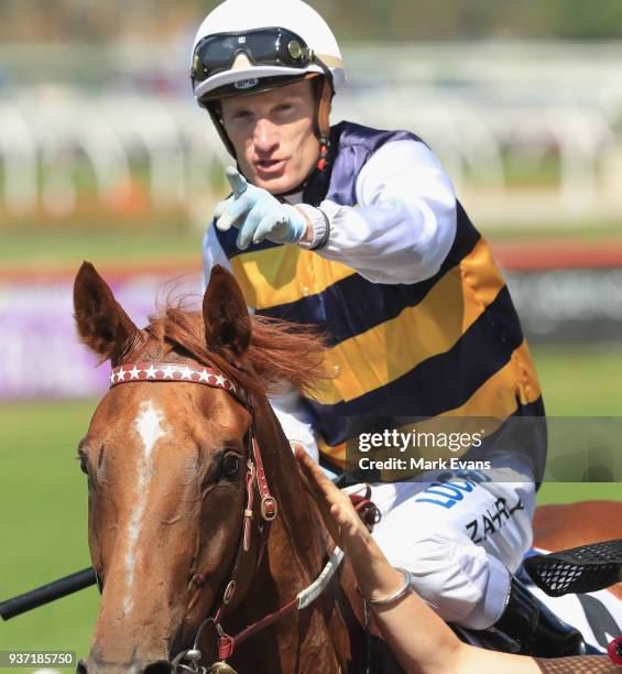 Darren Weir on Gailo Chop retuns to scale afte winning race 4 The Ranvet Stakes during Golden Slipper Day at Rosehill Gardens on March 24, 2018 in...