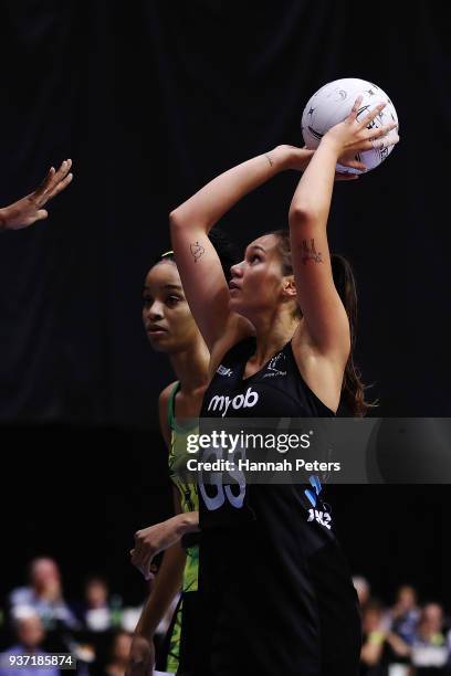 Ameliaranne Ekenasio of the Silver Ferns shoots during the Taini Jamison Trophy match between New Zealand and Jamaica at North Shore Events Centre on...