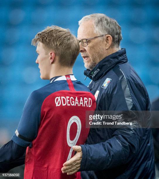 Martin Odegaard, Lars Lagerback of Norway during International Friendly between Norway v Australia at Ullevaal Stadion on March 23, 2018 in Oslo,...