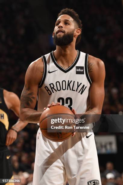 Allen Crabbe of the Brooklyn Nets shoots a free throw during the game against the Toronto Raptors on March 23, 2018 at the Air Canada Centre in...