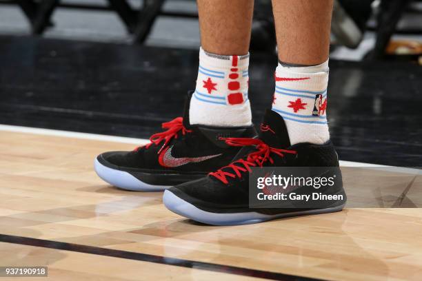 Sneakers of Denzel Valentine of the Chicago Bulls during game against the Milwaukee Bucks on March 23, 2018 at the United Center in Chicago,...