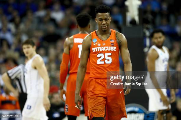 Tyus Battle of the Syracuse Orange reacts against the Duke Blue Devils during the second half in the 2018 NCAA Men's Basketball Tournament Midwest...