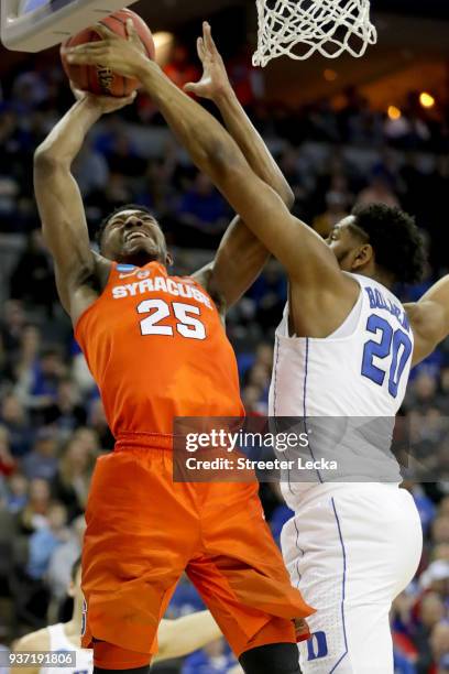 Marques Bolden of the Duke Blue Devils defends Tyus Battle of the Syracuse Orange during the second half in the 2018 NCAA Men's Basketball Tournament...