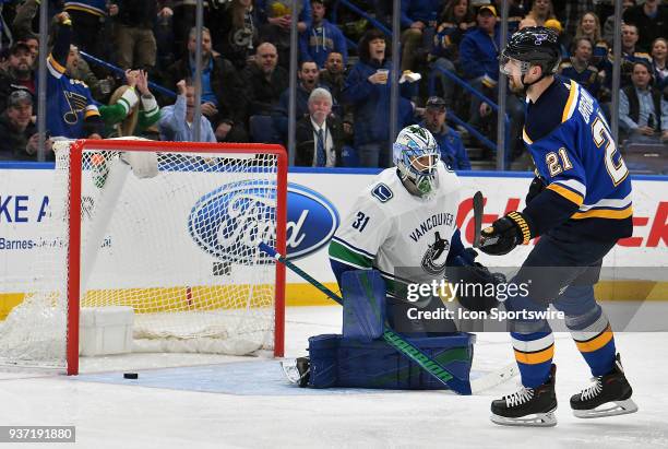 St. Louis Blues center Patrik Berglund scores a short handed goal in the second period past Vancouver Canucks goalie Anders Nilsson during a NHL game...