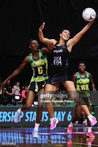 Paula Thompson of Jamaica competes with Grace Kara of the Silver Ferns for the ball during the Taini Jamison Trophy match between New Zealand and...