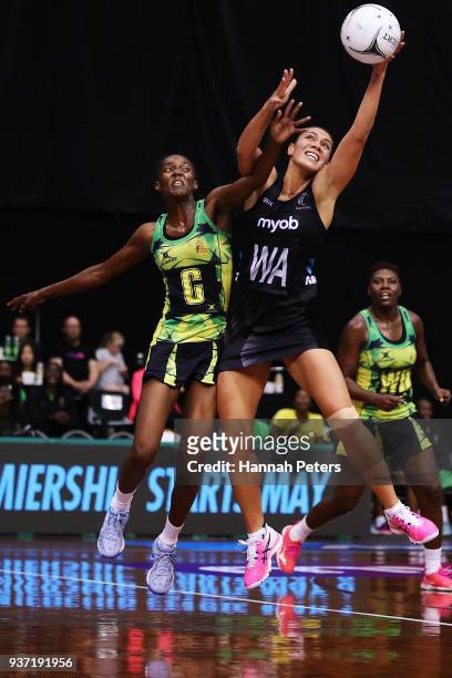 Paula Thompson of Jamaica competes with Grace Kara of the Silver Ferns for the ball during the Taini Jamison Trophy match between New Zealand and...