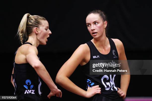 Katrina Grant talks with Kelly Jury of the Silver Ferns during the Taini Jamison Trophy match between New Zealand and Jamaica at North Shore Events...