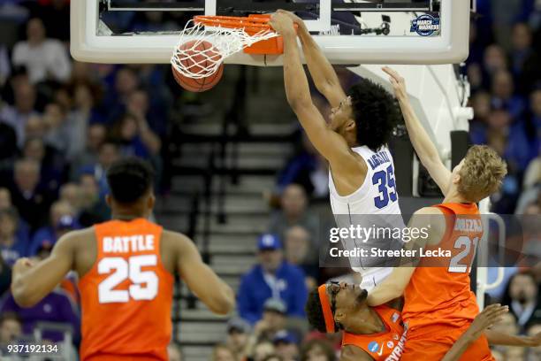 Marvin Bagley III of the Duke Blue Devils dunks the ball over Paschal Chukwu of the Syracuse Orange during the second half in the 2018 NCAA Men's...