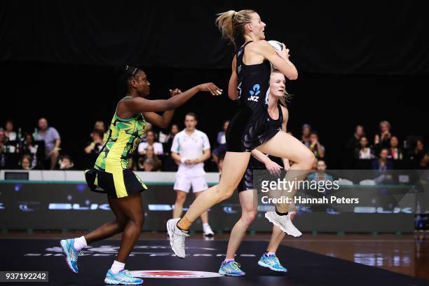 Katrina Grant of the Silver Ferns looks to pass the ball during the Taini Jamison Trophy match between New Zealand and Jamaica at North Shore Events...