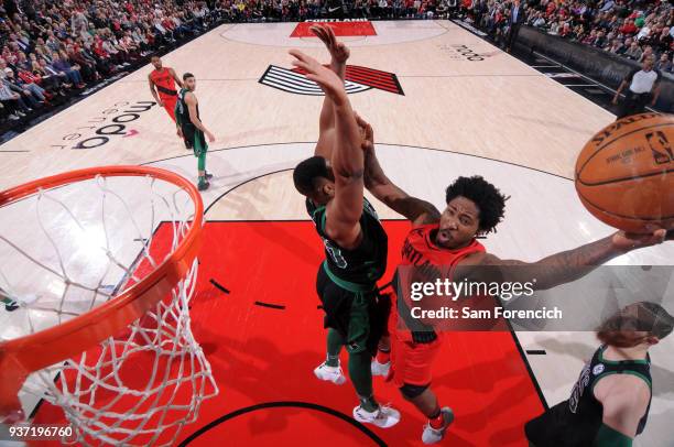 Ed Davis of the Portland Trail Blazers goes to the basket against the Boston Celtics on March 23, 2018 at the Moda Center in Portland, Oregon. NOTE...