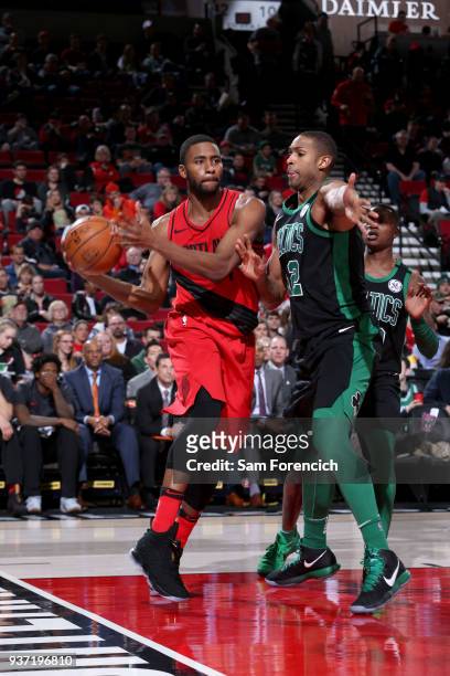 Maurice Harkless of the Portland Trail Blazers looks to pass the ball against the Boston Celtics on March 23, 2018 at the Moda Center in Portland,...