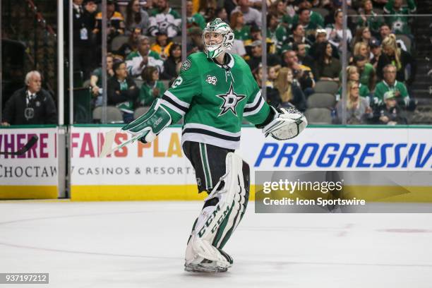 Dallas Stars goaltender Kari Lehtonen skates back to the bench during the game between the Dallas Stars and the Boston Bruins on March 23, 2018 at...