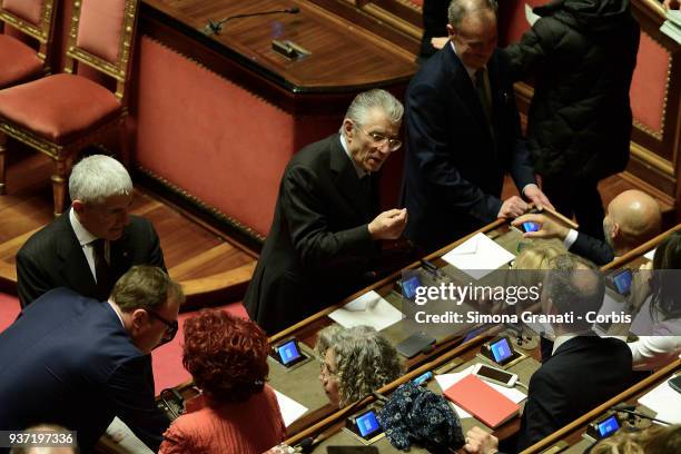 Umberto Bossi greets the senators of Democratic Party during the First sitting of the Senate of the XVIII Legislature, for the election of the...