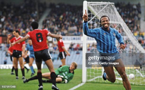 Coventry City striker Cyrille Regis celebrates after scoring during a 3-0 First Divsion win over Leicester City at Highfield Road on October 6, 1985...