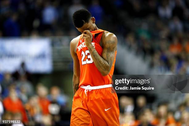 Frank Howard of the Syracuse Orange reacts as his team loses to the Duke Blue Devils in the 2018 NCAA Men's Basketball Tournament Midwest Regional at...