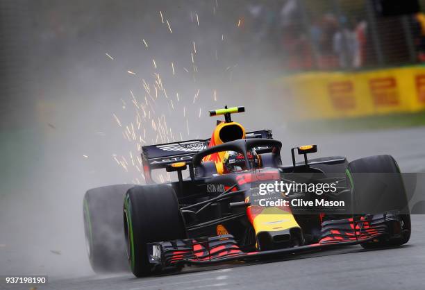 Sparks fly behind Max Verstappen of the Netherlands driving the Aston Martin Red Bull Racing RB14 TAG Heuer on track during final practice for the...