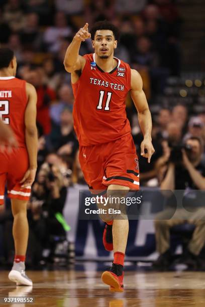 Zach Smith of the Texas Tech Red Raiders celebrates during the second half against the Purdue Boilermakers in the 2018 NCAA Men's Basketball...