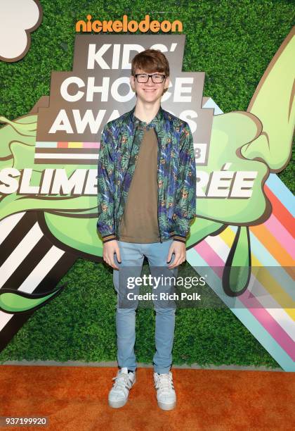 Aidan Miner attends the Nickelodeon Kids' Choice Awards "Slime Soirée" on March 23, 2018 in Venice, CA.