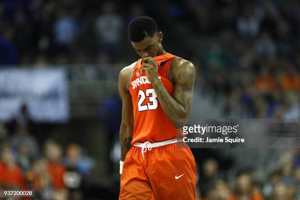 Frank Howard of the Syracuse Orange reacts after being defeated by the Duke Blue Devils in the 2018 NCAA Men's Basketball Tournament Midwest Regional...