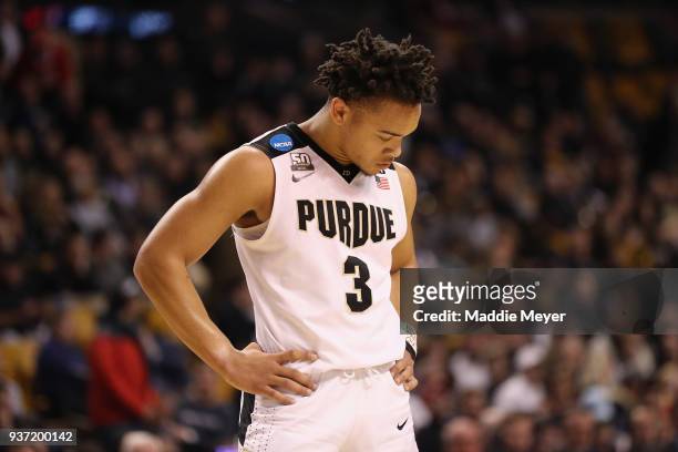 Carsen Edwards of the Purdue Boilermakers reacts during the second half against the Texas Tech Red Raiders in the 2018 NCAA Men's Basketball...