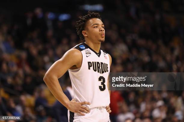 Carsen Edwards of the Purdue Boilermakers reacts during the second half against the Texas Tech Red Raiders in the 2018 NCAA Men's Basketball...