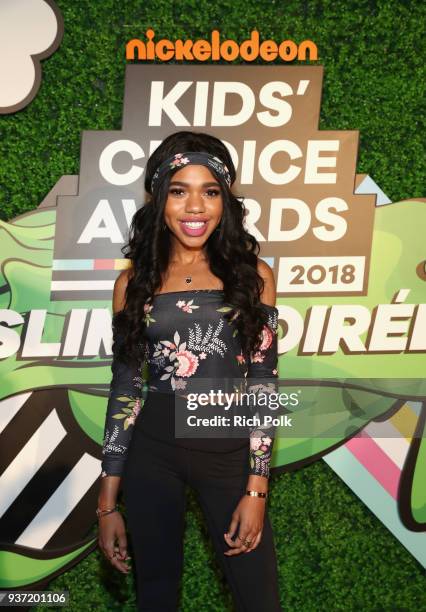 Teala Dunn attends the Nickelodeon Kids' Choice Awards "Slime Soirée" on March 23, 2018 in Venice, CA.