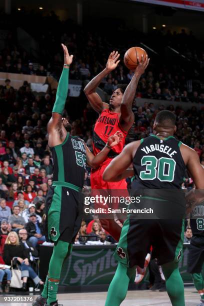 Ed Davis of the Portland Trail Blazers shoots the ball against the Boston Celtics on March 23, 2018 at the Moda Center in Portland, Oregon. NOTE TO...