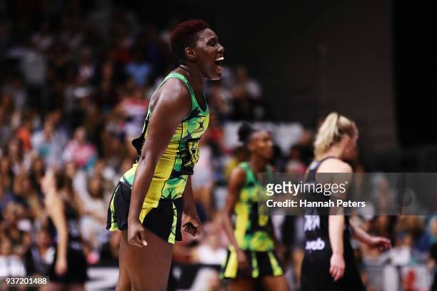 Stacian Facey of Jamaica celebrates after winning the Taini Jamison Trophy match between New Zealand and Jamaica at North Shore Events Centre on...