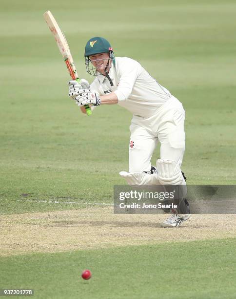 Tasmania player George Bailey plays a shot during day two of the Sheffield Shield Final match between Queensland and Tasmania at Allan Border Field...