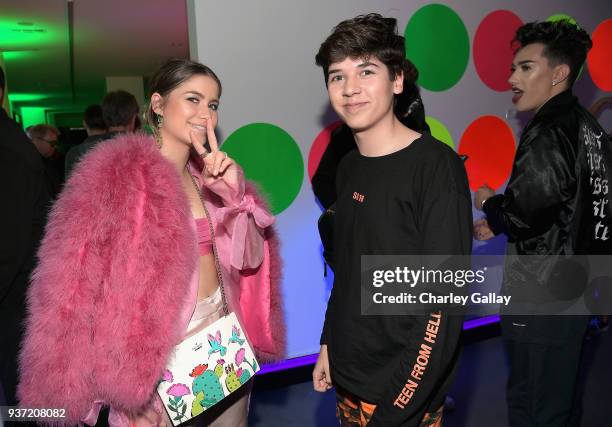 Sofia Reyes and Mario Selman attend the Nickelodeon Kids' Choice Awards "Slime Soirée" on March 23, 2018 in Venice, CA.