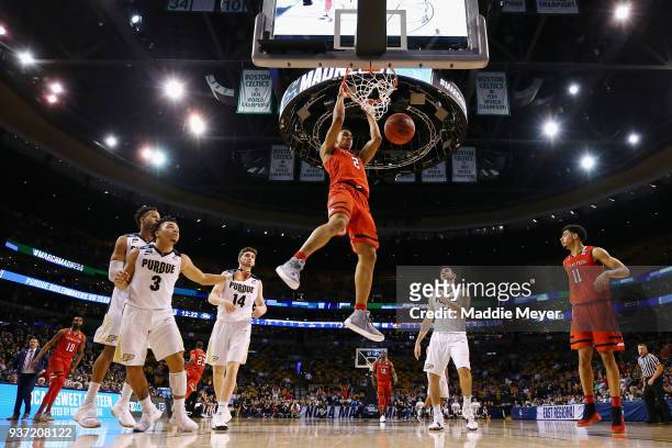 Zhaire Smith of the Texas Tech Red Raiders dunks the ball during the second half against the Purdue Boilermakers in the 2018 NCAA Men's Basketball...