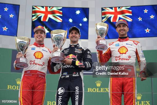 2nd place Scott McLaughlin driver of the Shell V-Power Racing Team Ford Falcon FGX, 1st place Jamie Whincup driver of the Red Bull Holden Racing Team...