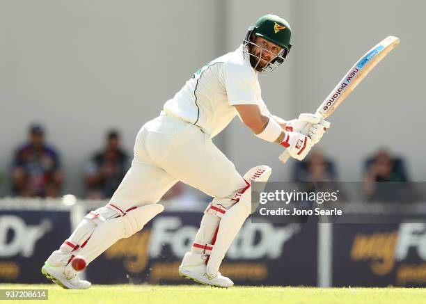 Tasmania player Matthew Wade plays a shot during day two of the Sheffield Shield Final match between Queensland and Tasmania at Allan Border Field on...