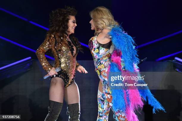 Mexican singer Alejandra Guzman and Gloria Trevi perform during the "VERSUS World Tour" at the Pepsi Center on March 23, 2018 in Denver, Colorado.