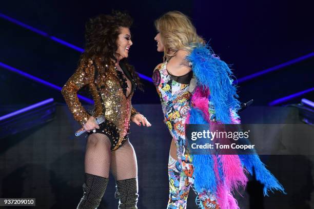 Mexican singer Alejandra Guzman and Gloria Trevi perform during the "VERSUS World Tour" at the Pepsi Center on March 23, 2018 in Denver, Colorado.