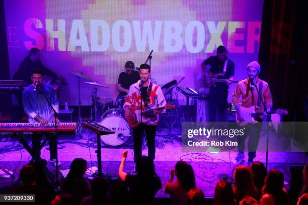 Matt Lipkins, Scott Tyler and Adam Hoffman perform during The Shadowboxers "Apollo" Album Release Party at Public Arts on March 23, 2018 in New York...