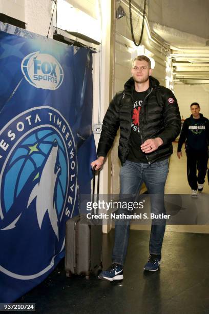 Cole Aldrich of the Minnesota Timberwolves enters the arena before the game against the New York Knicks on March 23, 2018 at Madison Square Garden in...