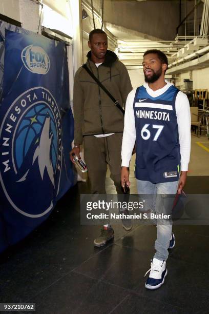 Aaron Brooks and Gorgui Dieng of the Minnesota Timberwolves enters the arena before the game against the New York Knicks on March 23, 2018 at Madison...