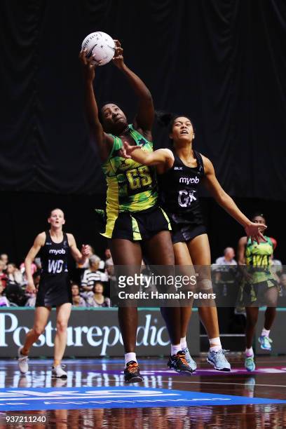 Jhaniele Fowler-Reid of Jamaica competes with Temalisi Fakahokotau of the Silver Ferns during the Taini Jamison Trophy match between New Zealand and...