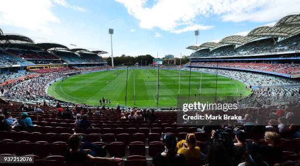 General view of Adelaide Oval as players warmup before the round one AFL match between the Port Adelaide Power and the Fremantle Dockers at Adelaide...