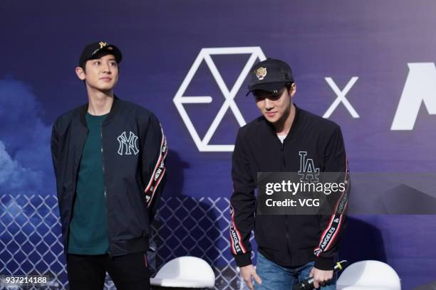 South Korean singers Chanyeol and Sehun of boy group EXO attend an opening ceremony of MLB store on March 23, 2018 in Hong Kong, China.