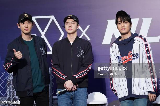 South Korean singers Chanyeol, Sehun and Kai of boy group EXO attend an opening ceremony of MLB store on March 23, 2018 in Hong Kong, China.
