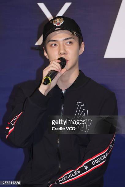 South Korean singer and actor Sehun of boy group EXO attends a promotional event of MLB on March 23, 2018 in Hong Kong, China.