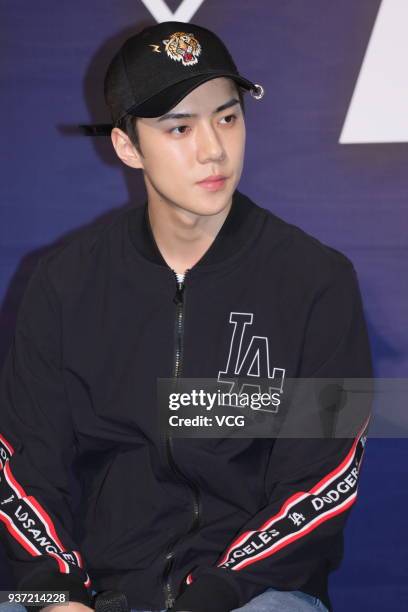 South Korean singer and actor Sehun of boy group EXO attends a promotional event of MLB on March 23, 2018 in Hong Kong, China.
