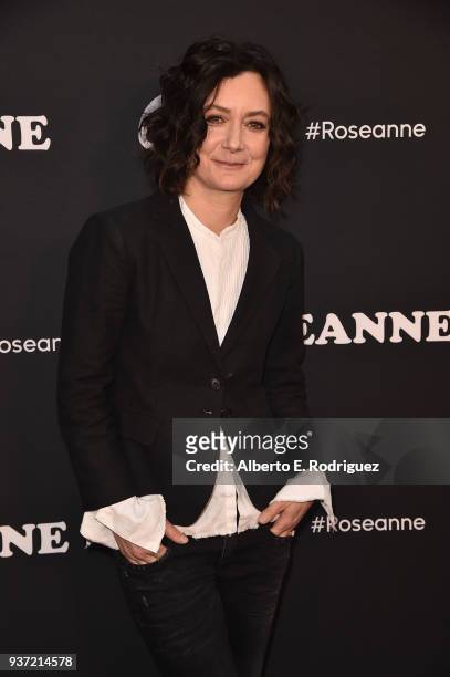 Sara Gilbert attends the premiere of ABC's "Roseanne" at Walt Disney Studio Lot on March 23, 2018 in Burbank, California.