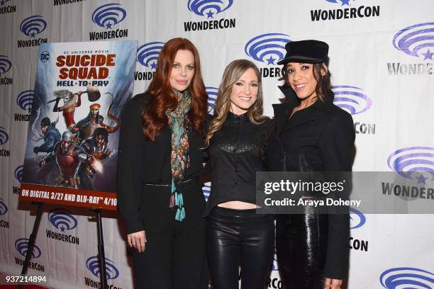 Kristin Bauer van Straten, Julie Nathanson and Dania Ramirez attend the "Suicide Squad: Hell To Pay" press conference at WonderCon 2018 - Day 1 at...