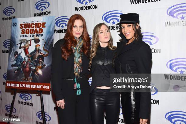 Kristin Bauer van Straten, Julie Nathanson and Dania Ramirez attend the "Suicide Squad: Hell To Pay" press conference at WonderCon 2018 - Day 1 at...