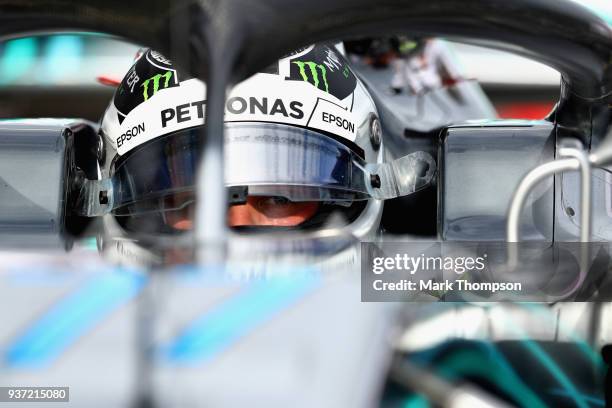 Valtteri Bottas driving the Mercedes AMG Petronas F1 Team Mercedes WO9 prepares to drive during final practice for the Australian Formula One Grand...