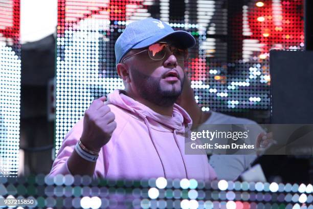 Alex Sensation performs during the Chuckie & Friends Party hosted by 93.5FM Revolution Radio Miami as part of Miami Music Week at the National Hotel...